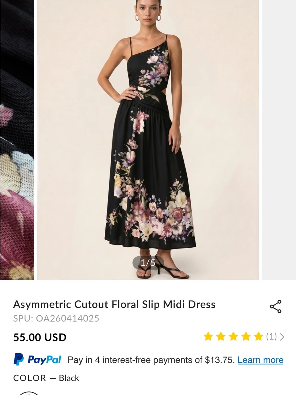 NWT Commense Black Asymmetric Floral Midi Dress